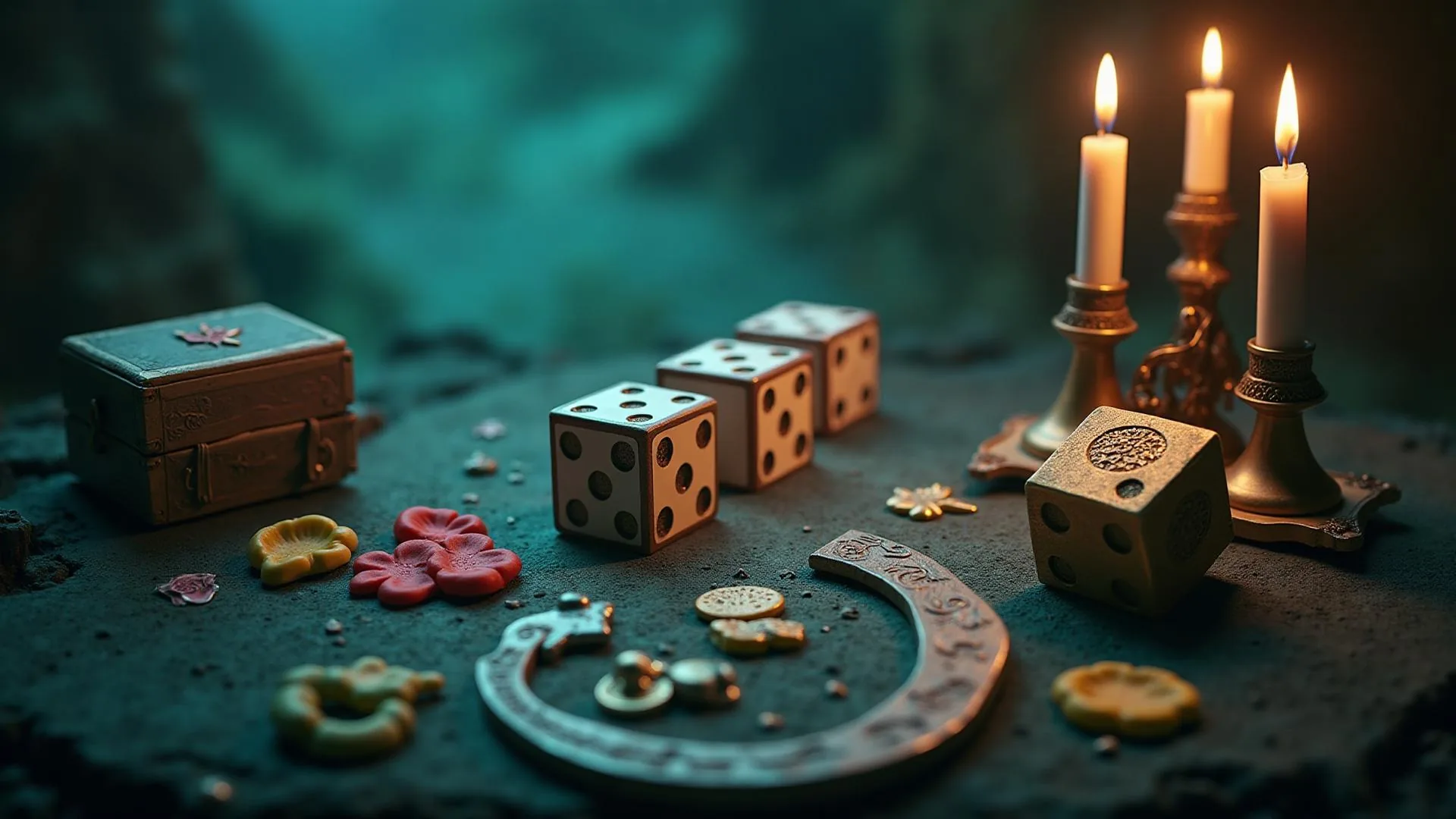 Mystical dice surrounded by candles, crystals, and ancient symbols representing luck and superstition