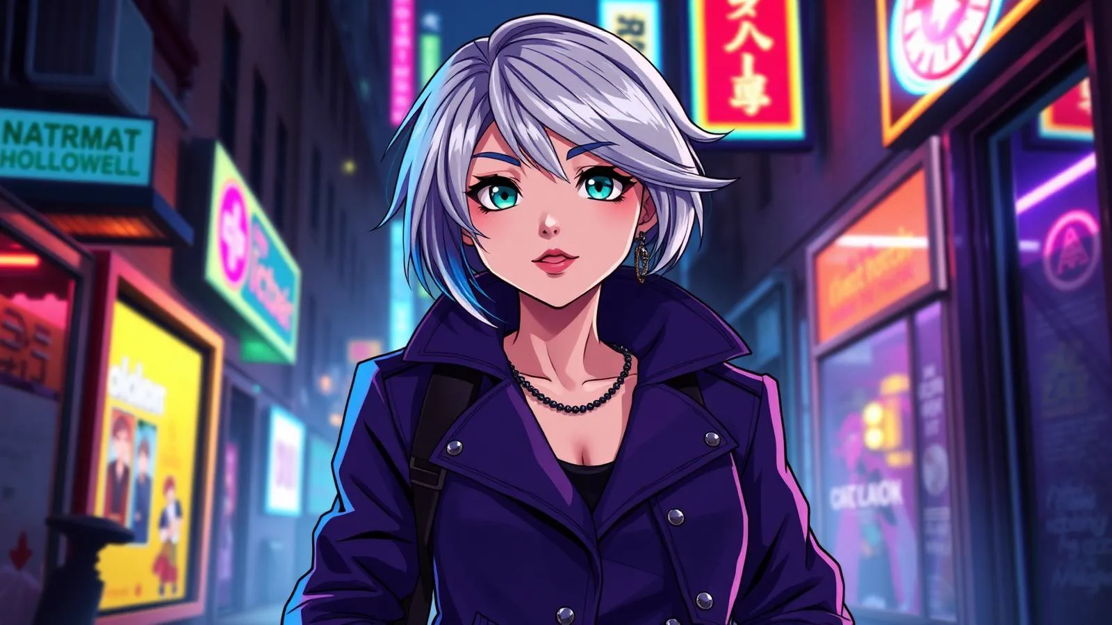 Norma Hollowell key art: silver-haired agent in a violet coat on a neon-lit Sixth Street alley